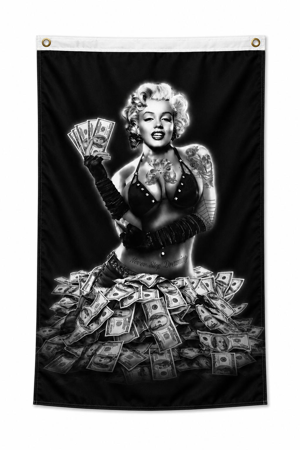Marilyn Monroe Money Vertical Flag 3x5 – Tattoo Pin-Up Wall Banner