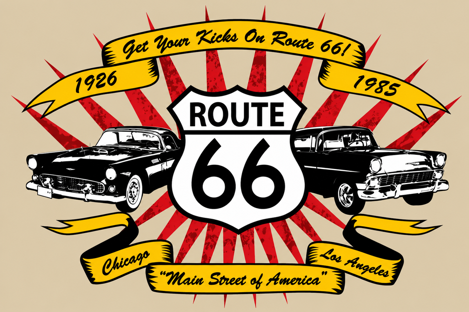 Historic Route 66 Flag 3x5 – Get Your Kicks on Route 66 Classic Car Banner