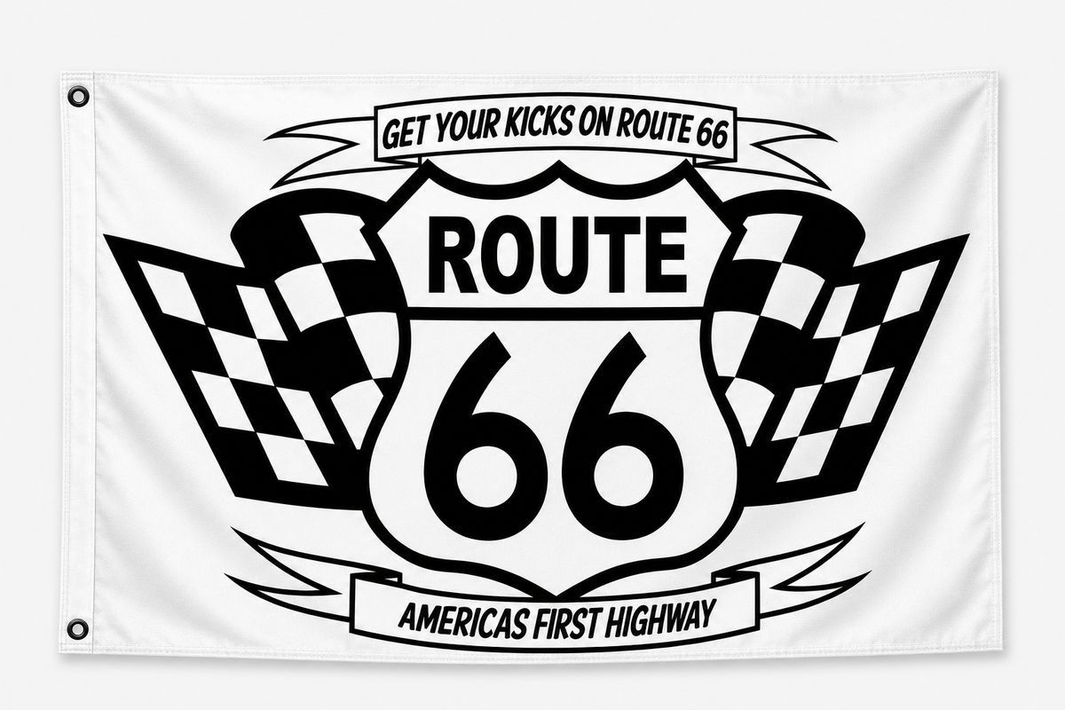 Route 66 Racing Flag 3x5 – Get Your Kicks on Route 66 Checkered Flag Banner