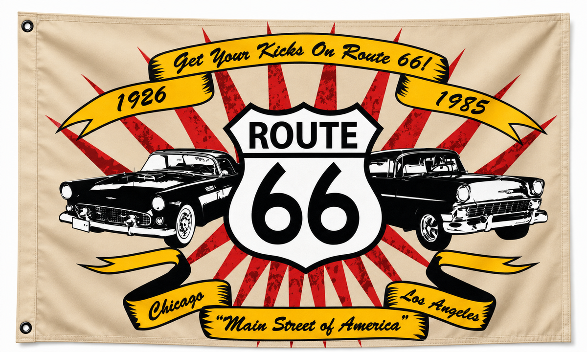 Historic Route 66 Flag 3x5 – Get Your Kicks on Route 66 Classic Car Banner