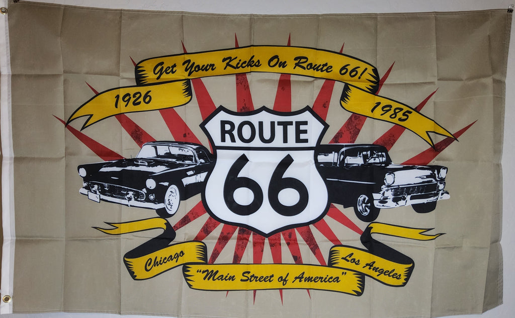 Historic Route 66 Flag 3x5 – Get Your Kicks on Route 66 Classic Car Banner