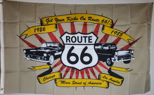 Historic Route 66 Flag 3x5 – Get Your Kicks on Route 66 Classic Car Banner